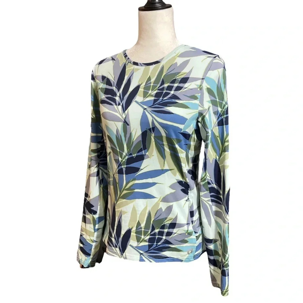 Hang Ten Blue Tropical Print Long Sleeve UV Protection Shirt Women's Small